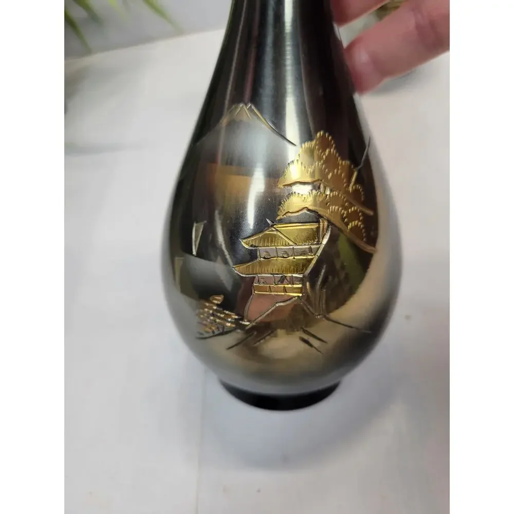 2 Vintage Japanese Chokin Etched Metal Bud Vases Pagoda Asian Decor - Picture 2 of 6